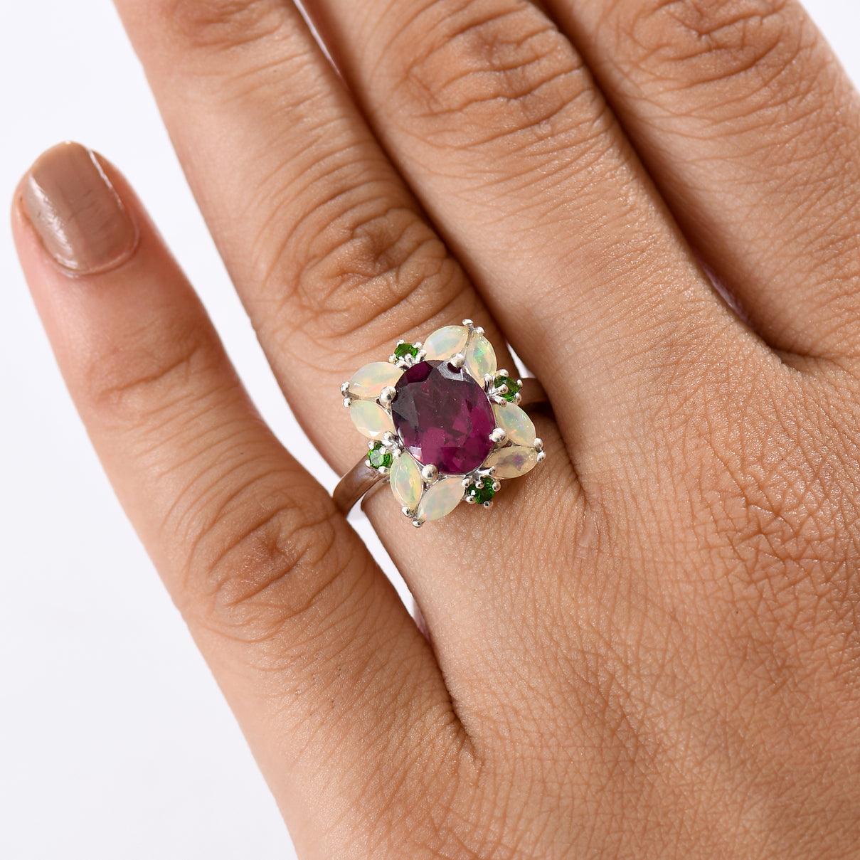 Rhodolite Garnet ,  Natural Chrome Diopside ,  Ethiopian Opal  Main Stone With Side Stone Ring in Rhodium Overlay Sterling Silver 4.38 ct  4.042  Ct. V32522036 3