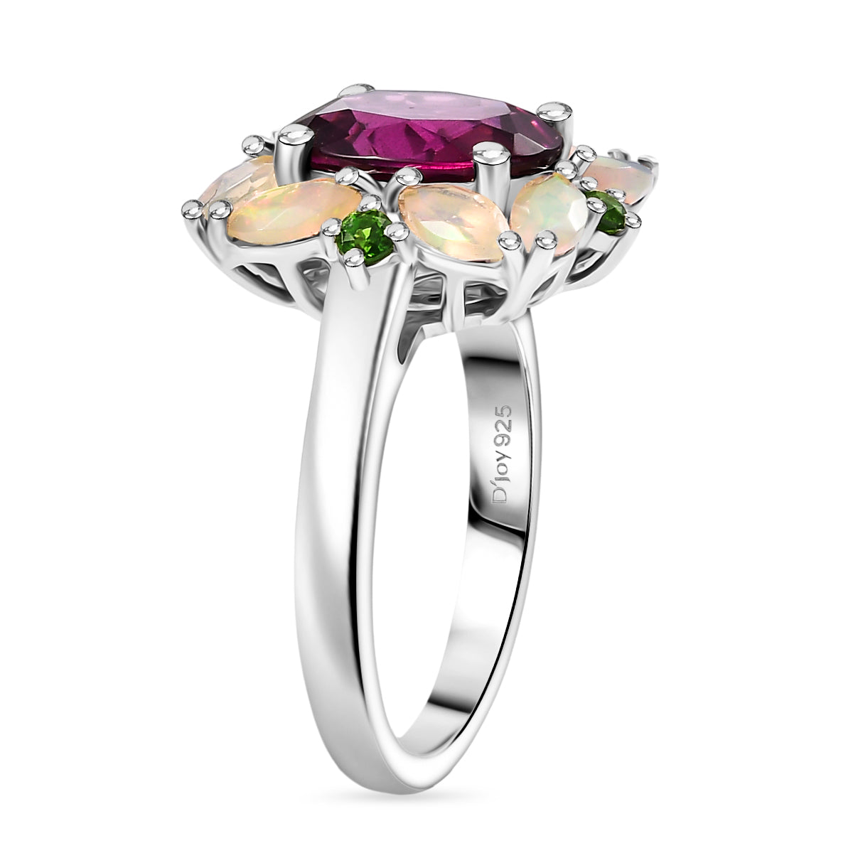 Rhodolite Garnet ,  Natural Chrome Diopside ,  Ethiopian Opal  Main Stone With Side Stone Ring in Rhodium Overlay Sterling Silver 4.38 ct  4.042  Ct. V32522036 4