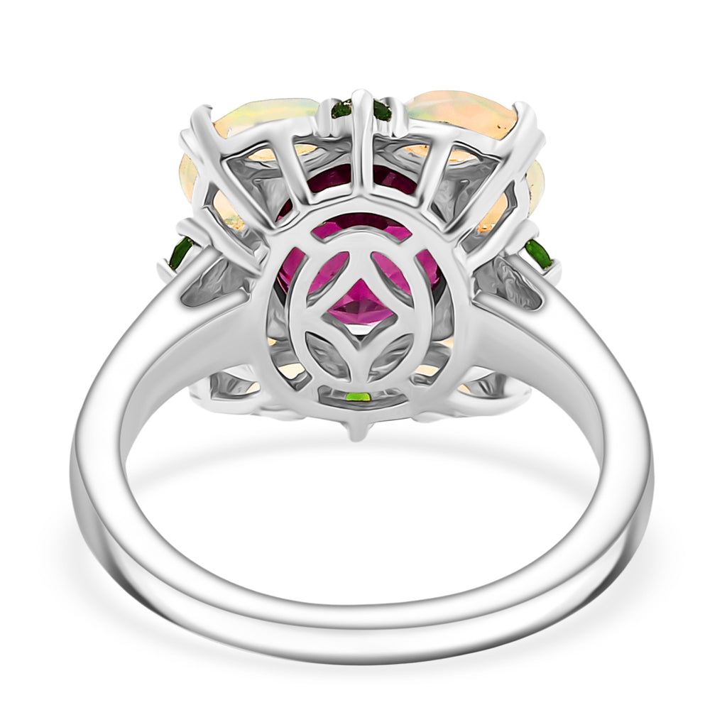 Rhodolite Garnet ,  Natural Chrome Diopside ,  Ethiopian Opal  Main Stone With Side Stone Ring in Rhodium Overlay Sterling Silver 4.38 ct  4.042  Ct._8037525_4