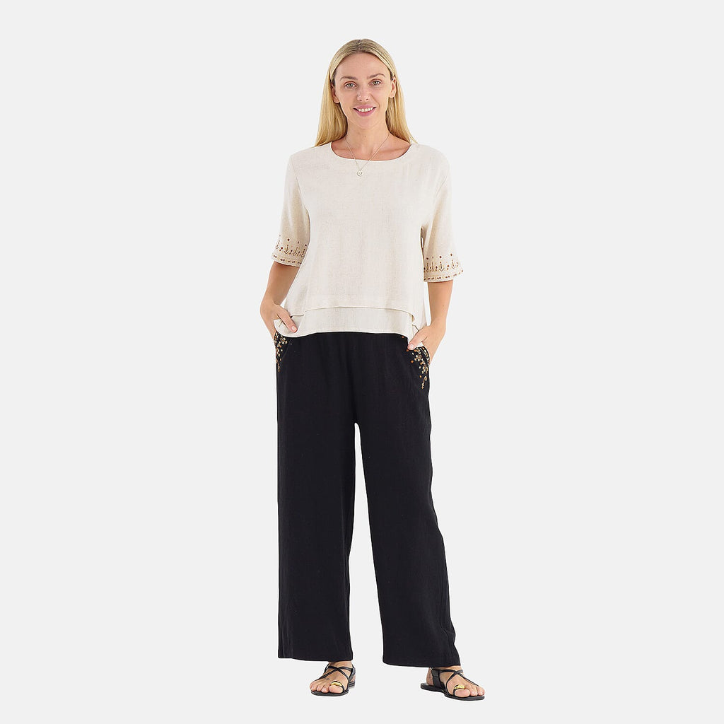 LA MAREY Linen Blend Womens Embroidered Details Relaxed Fit Trousers (Size 20-22) - Black_8037637_1