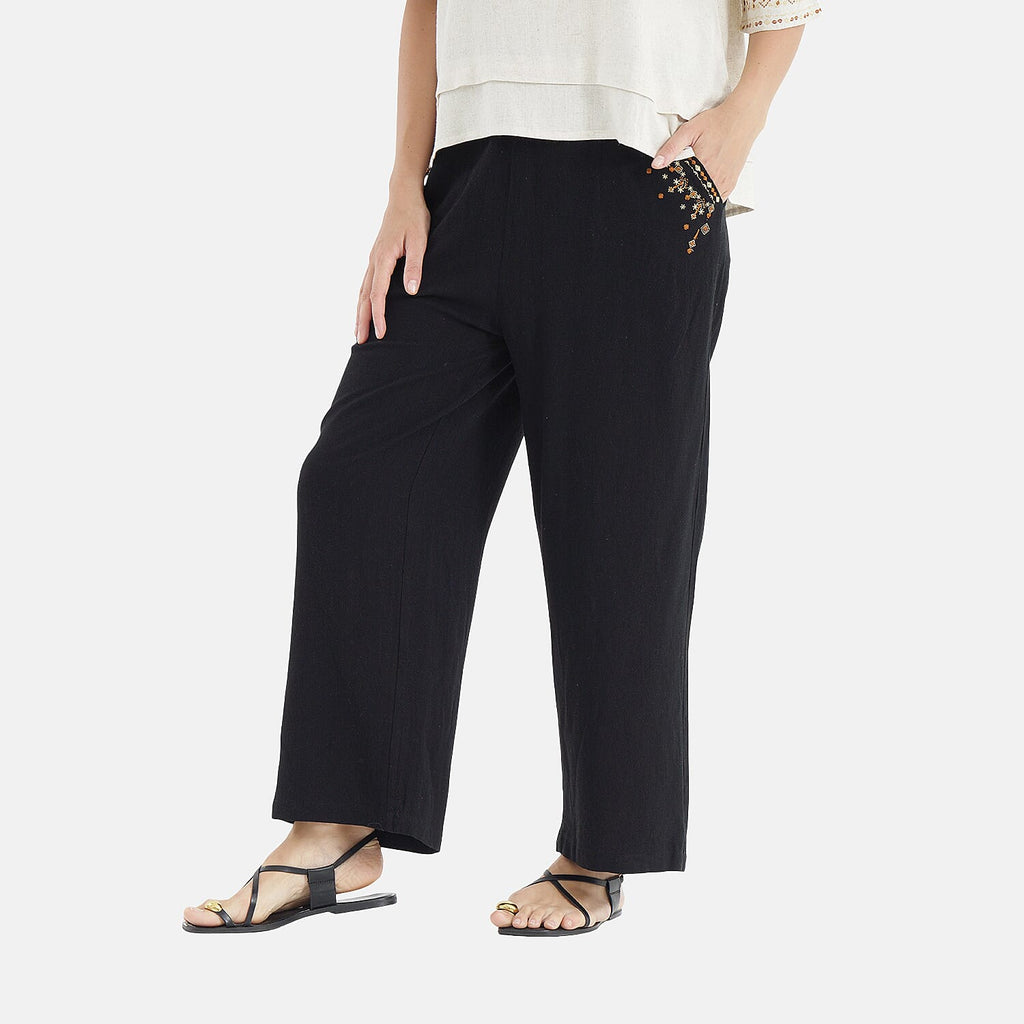 LA MAREY Linen Blend Womens Embroidered Details Relaxed Fit Trousers (Size 20-22) - Black_8037637_2