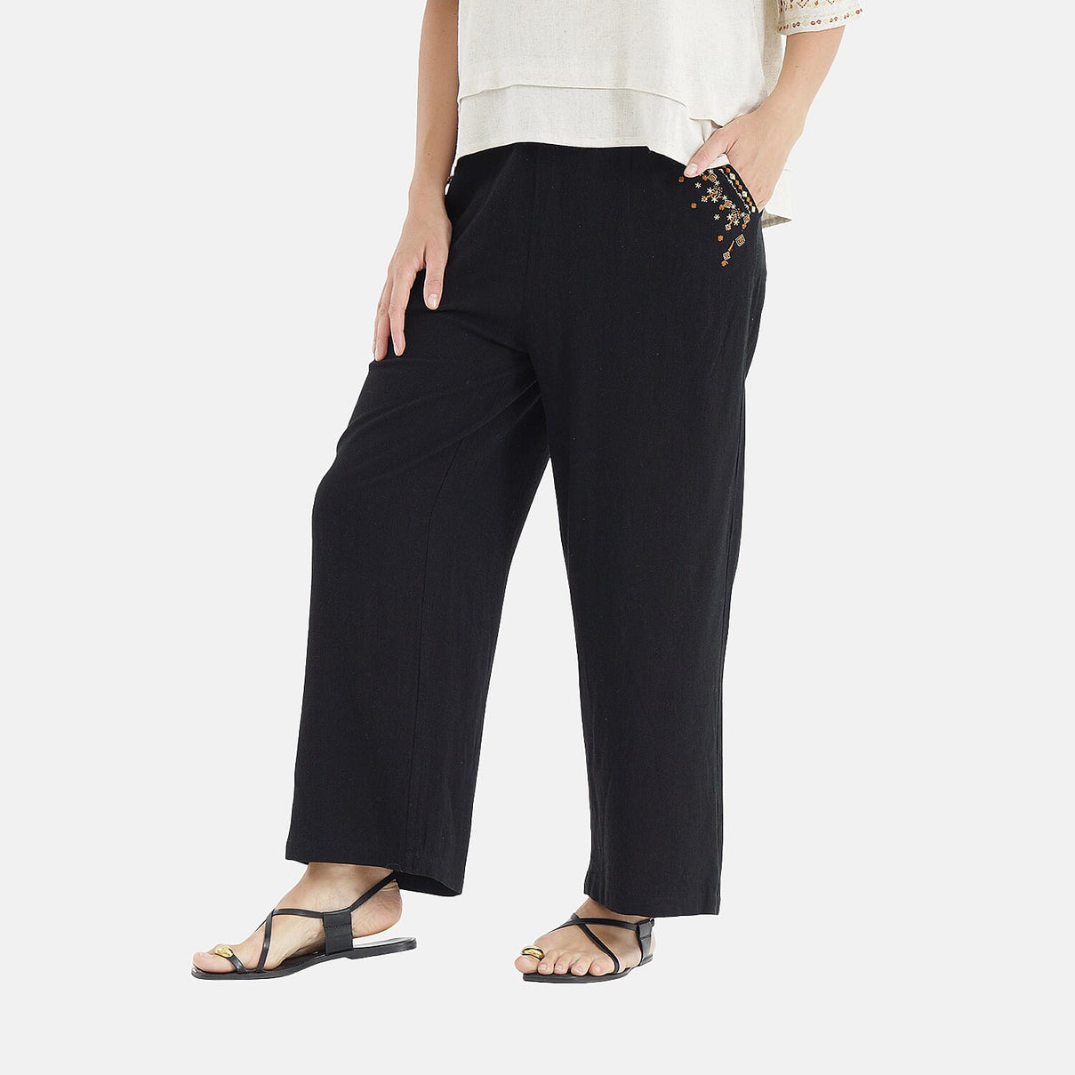 LA MAREY Linen Blend Womens Embroidered Details Relaxed Fit Trousers (Size 20-22) - Black V32515051 3