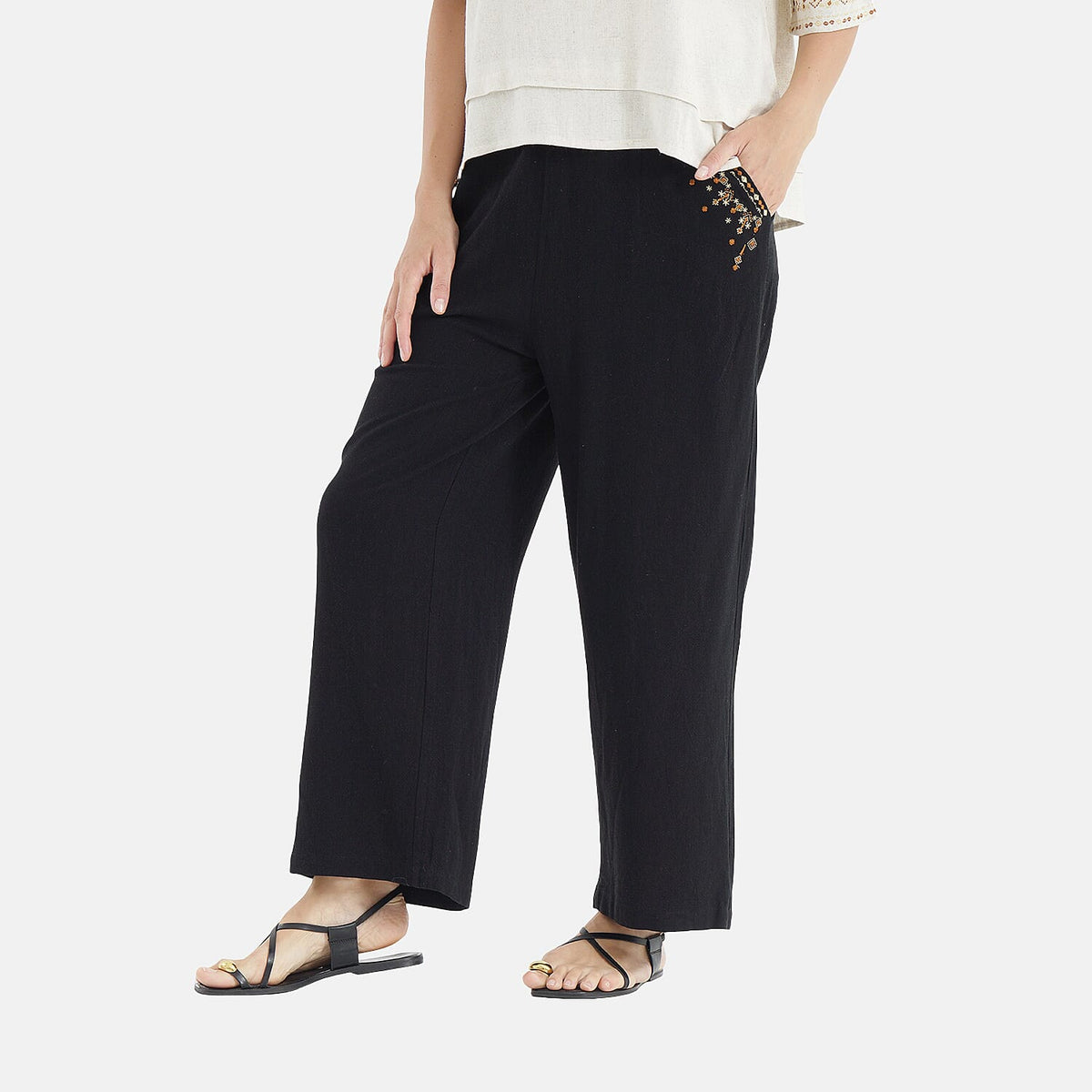 LA MAREY Linen Blend Womens Embroidered Details Relaxed Fit Trousers (Size 20-22) - Black V32515051 3