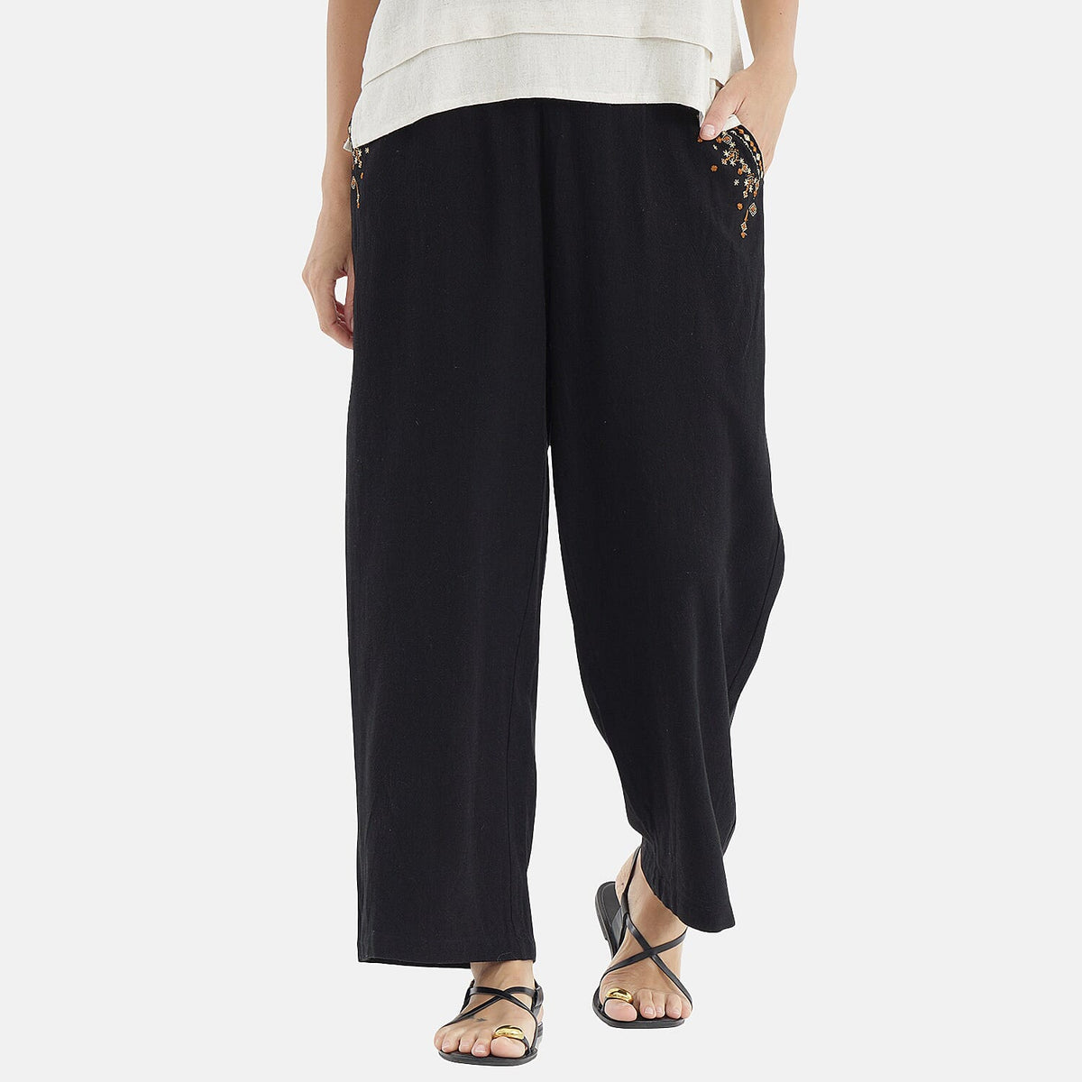 LA MAREY Linen Blend Womens Embroidered Details Relaxed Fit Trousers (Size 20-22) - Black V32515051 4
