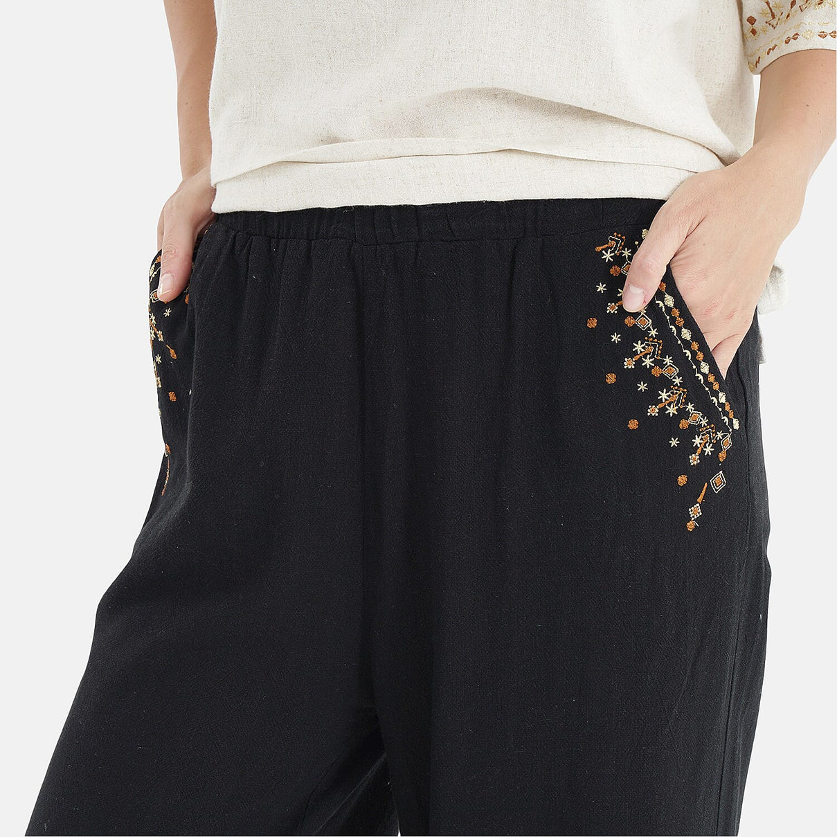 LA MAREY Linen Blend Womens Embroidered Details Relaxed Fit Trousers (Size 20-22) - Black V32515051 5