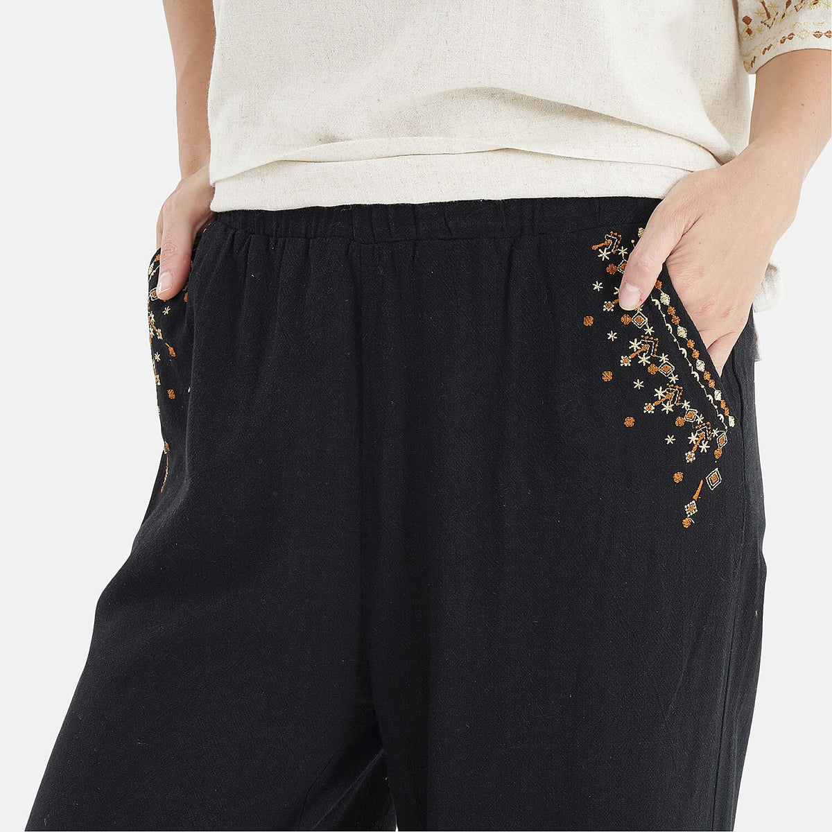 LA MAREY Linen Blend Womens Embroidered Details Relaxed Fit Trousers (Size 20-22) - Black V32515051 5