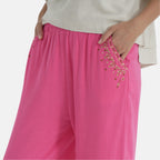 LA MAREY Linen Blend Womens Embroidered Details Relaxed Fit Trousers (Size 14-16) - Pink_8037777_4