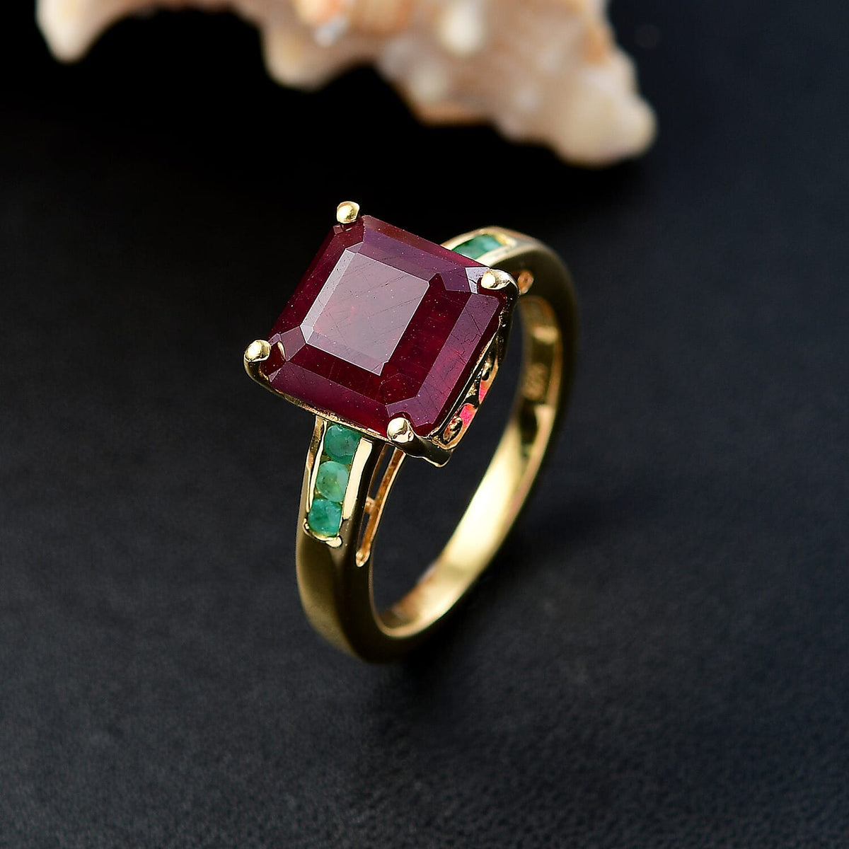 African Ruby, Zambian Emerald Solitaire Ring in 18K Vermeil Yellow Gold Over Sterling Silver 8.14 Ct. 8038026 2