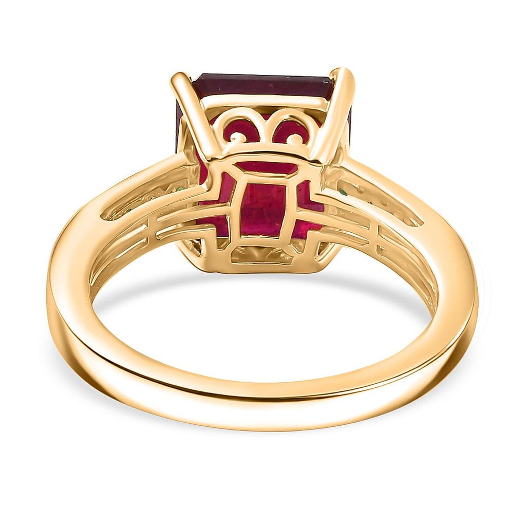 African Ruby & Zambian Emerald Solitaire Ring in 18K Vermeil Yellow Gold Plated Sterling Silver 8.14 Ct.