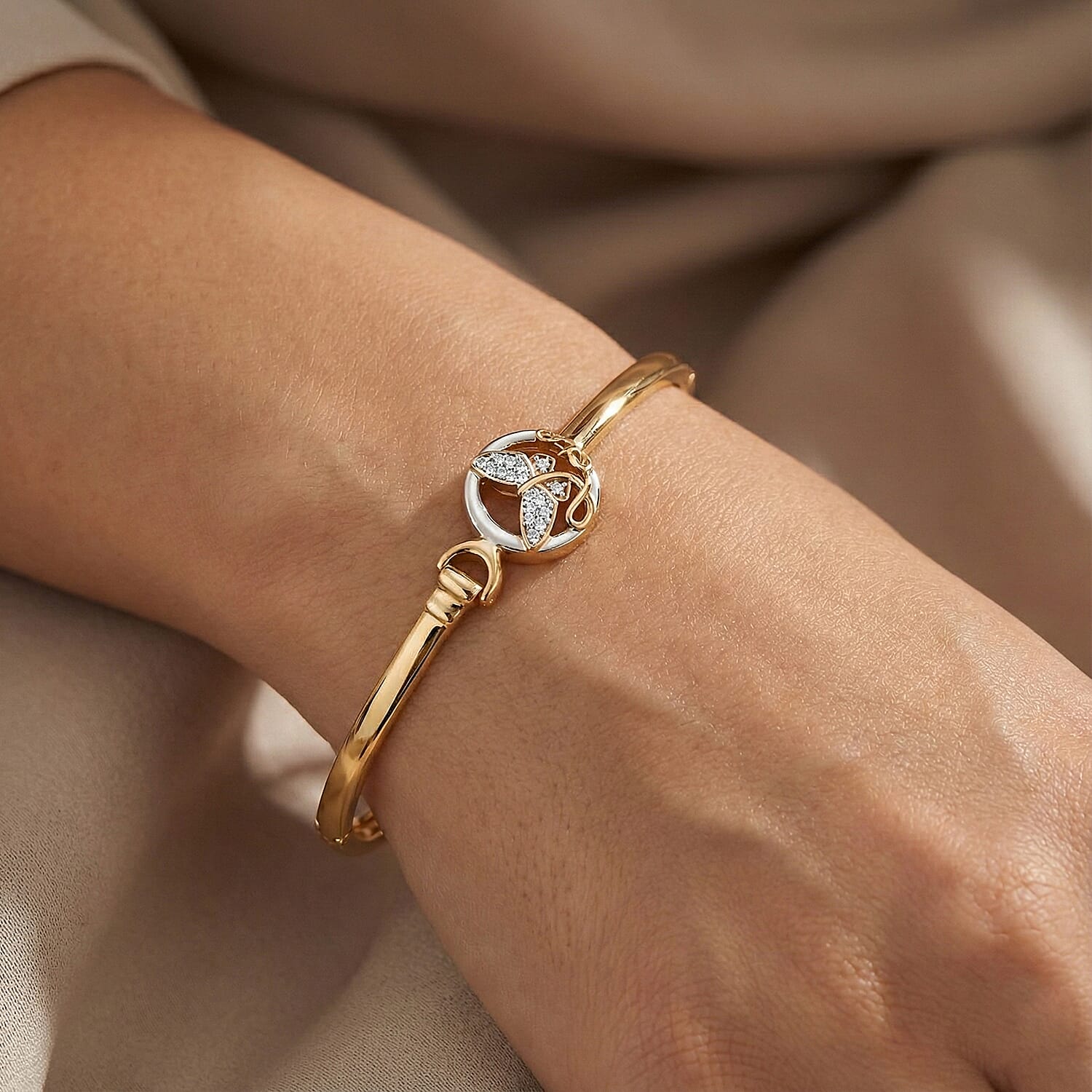 GP Italian Garden Collection - White Zircon Butterfly Openable Bangle (Size - 7.5) in 18K Vermeil Yellow Gold and Rhodium Over Sterling Silver 8038544 2