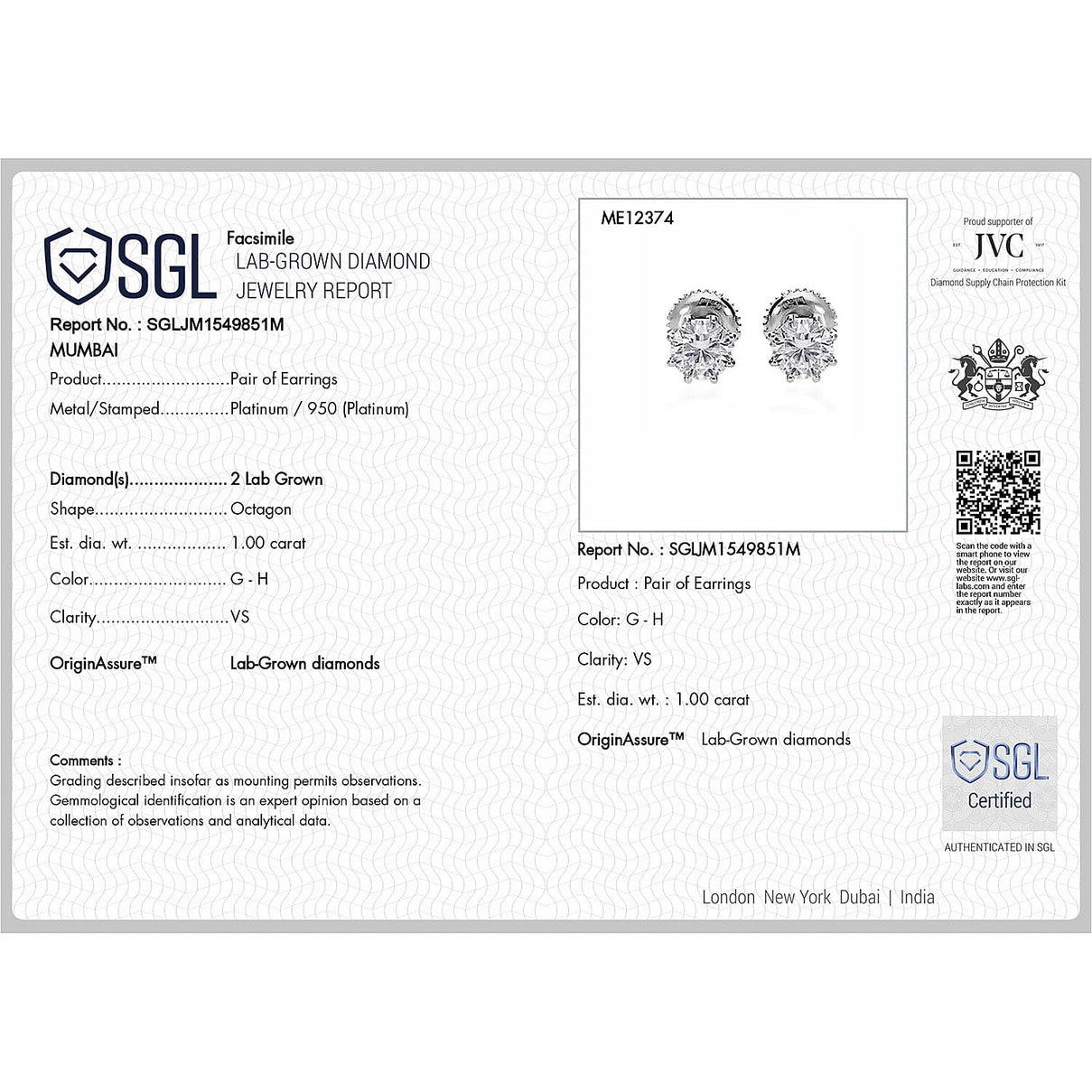 LUXURIANT 1 Ct. Lab Grown Diamond Earring with Screw Back in 950 Platinum SGL Certified 8038574 6