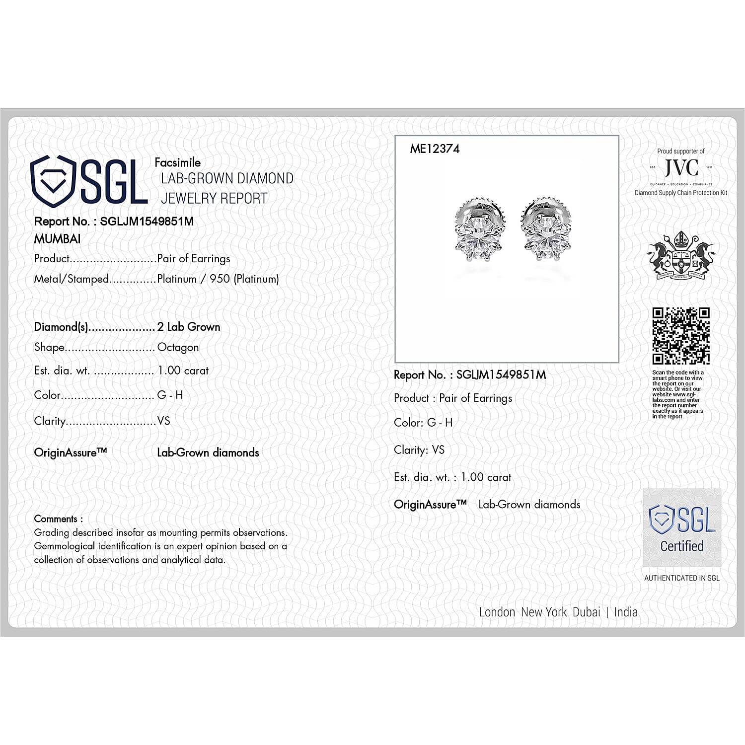 LUXURIANT 1 Ct. Lab Grown Diamond Earring with Screw Back in 950 Platinum SGL Certified 8038574 6