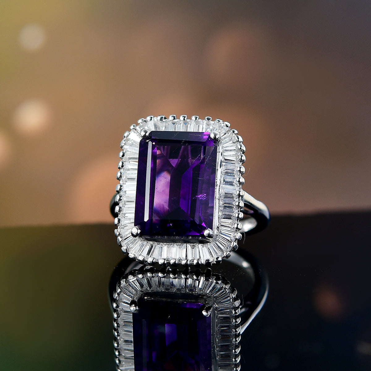 Natural AAA Moroccan Amethyst, Moissanite Halo Ring in Rhodium Overlay Sterling Silver 8.49 Ct. 8039788 1