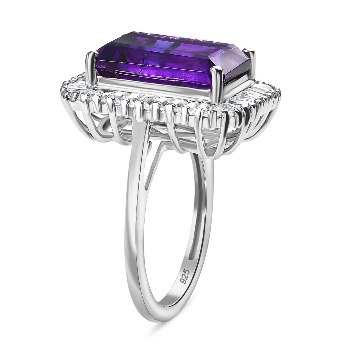 Natural AAA Moroccan Amethyst, Moissanite Halo Ring in Rhodium Overlay Sterling Silver 8.49 Ct. 8039788 3