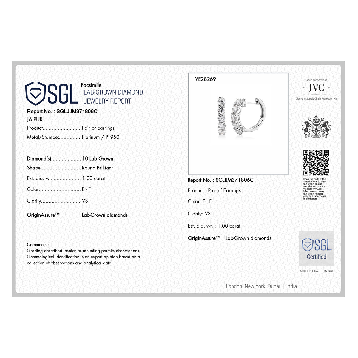 LUXURIANT 1 Ct. Lab Grown Diamond Hoop Earring in 950 Platinum SGL Certified (VS/E-F) 8040070 6