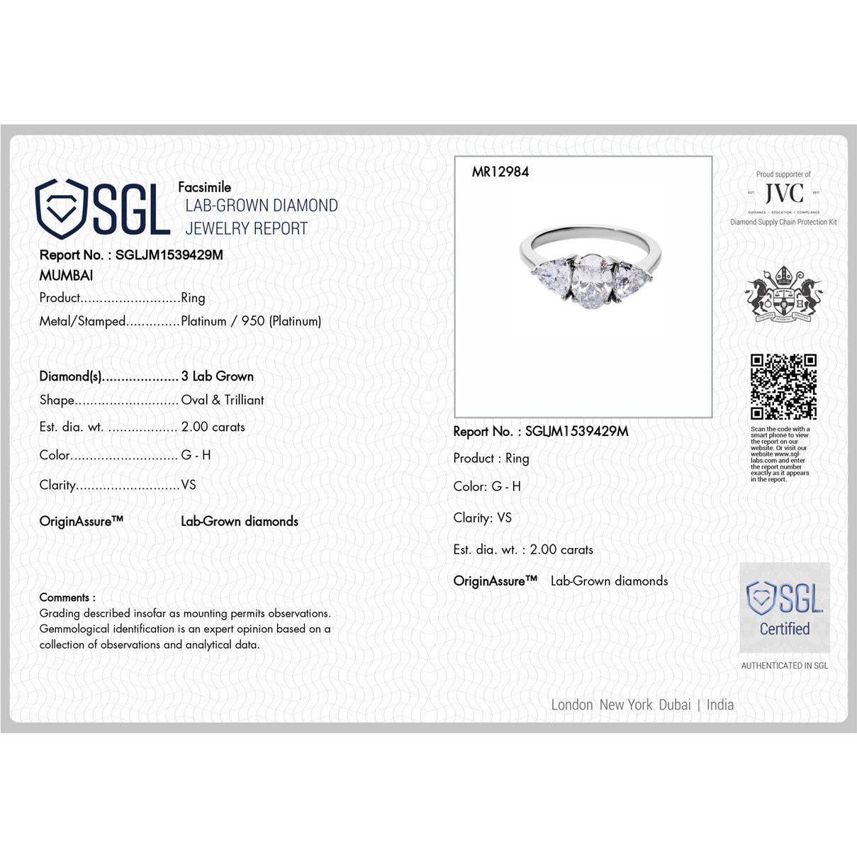 LUXURIANT 2 Ct. Lab Grown Diamond Trilogy Ring in 950 Platinum, SGL Certified 8040846 6