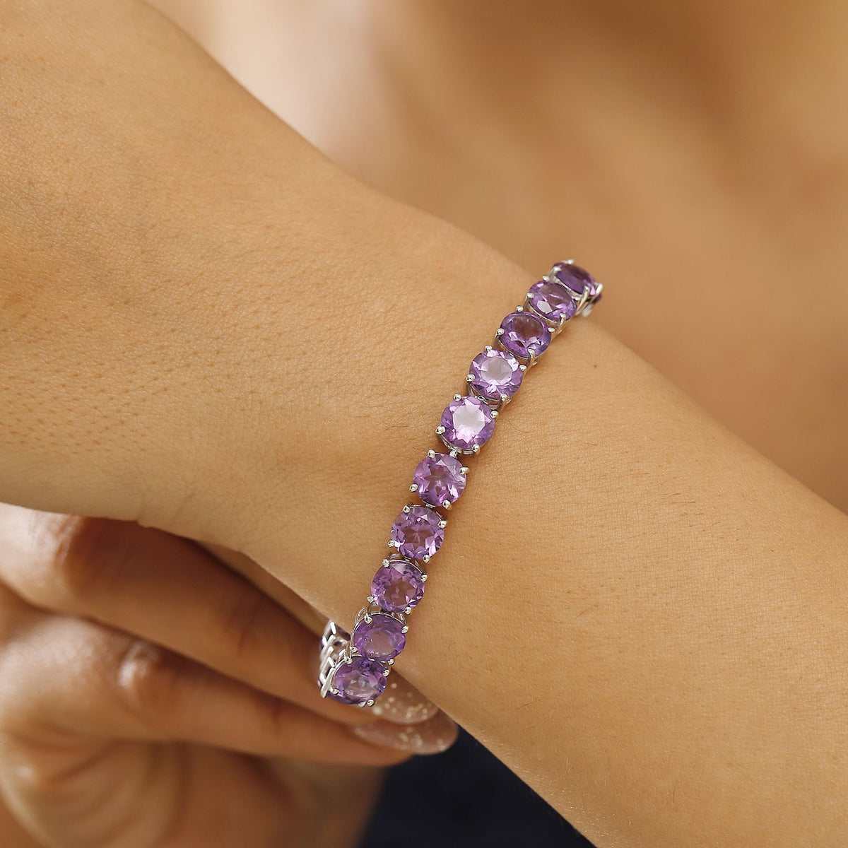 Pink Amethyst Line Bracelet (Size - 7) with Box Clasp in Rhodium Overlay Sterling Silver 8042943 8