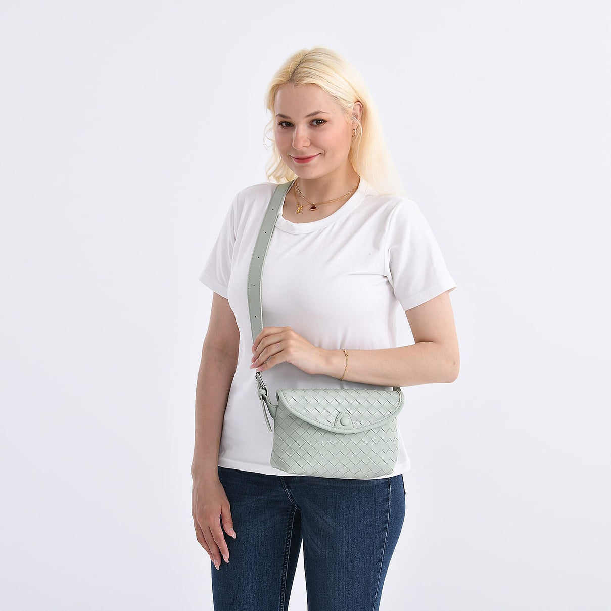Leatherette Textured Crossbody Handbag with Scarf Accent &amp; Adjustable Strap - Pistachio Green V32349952 2