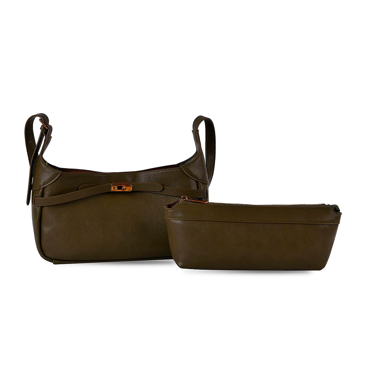 Elegant Hobo Bag with Front Lock and Pouch Set - Dark Olive Green V32514470 0
