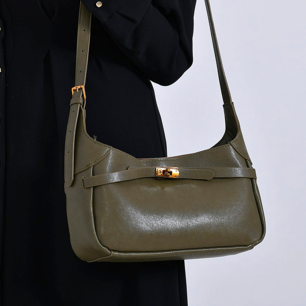 Elegant Hobo Bag with Front Lock and Pouch Set - Dark Olive Green_8044111_2