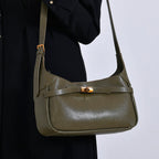 Elegant Hobo Bag with Front Lock and Pouch Set - Dark Olive Green_8044111_2