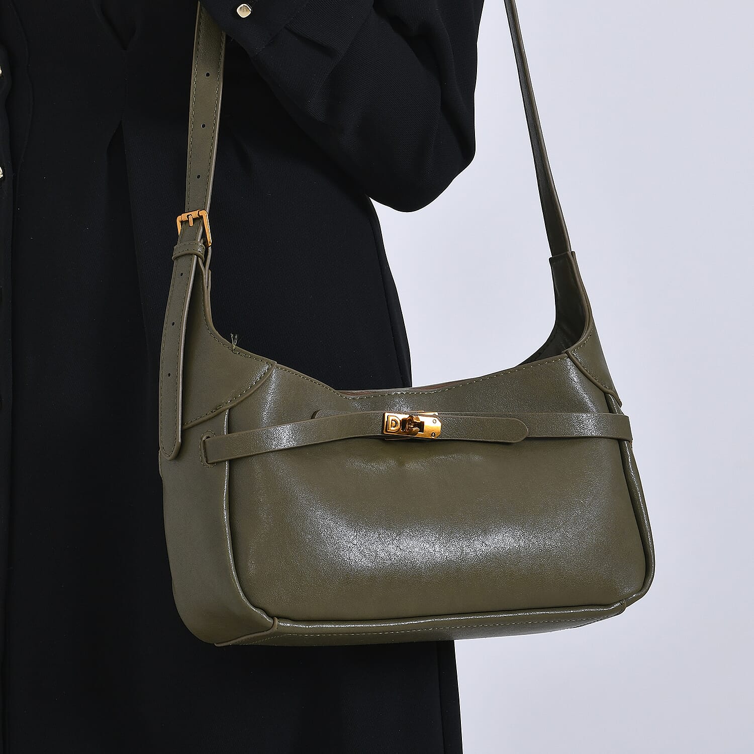 Elegant Hobo Bag with Front Lock and Pouch Set - Dark Olive Green V32514470 3