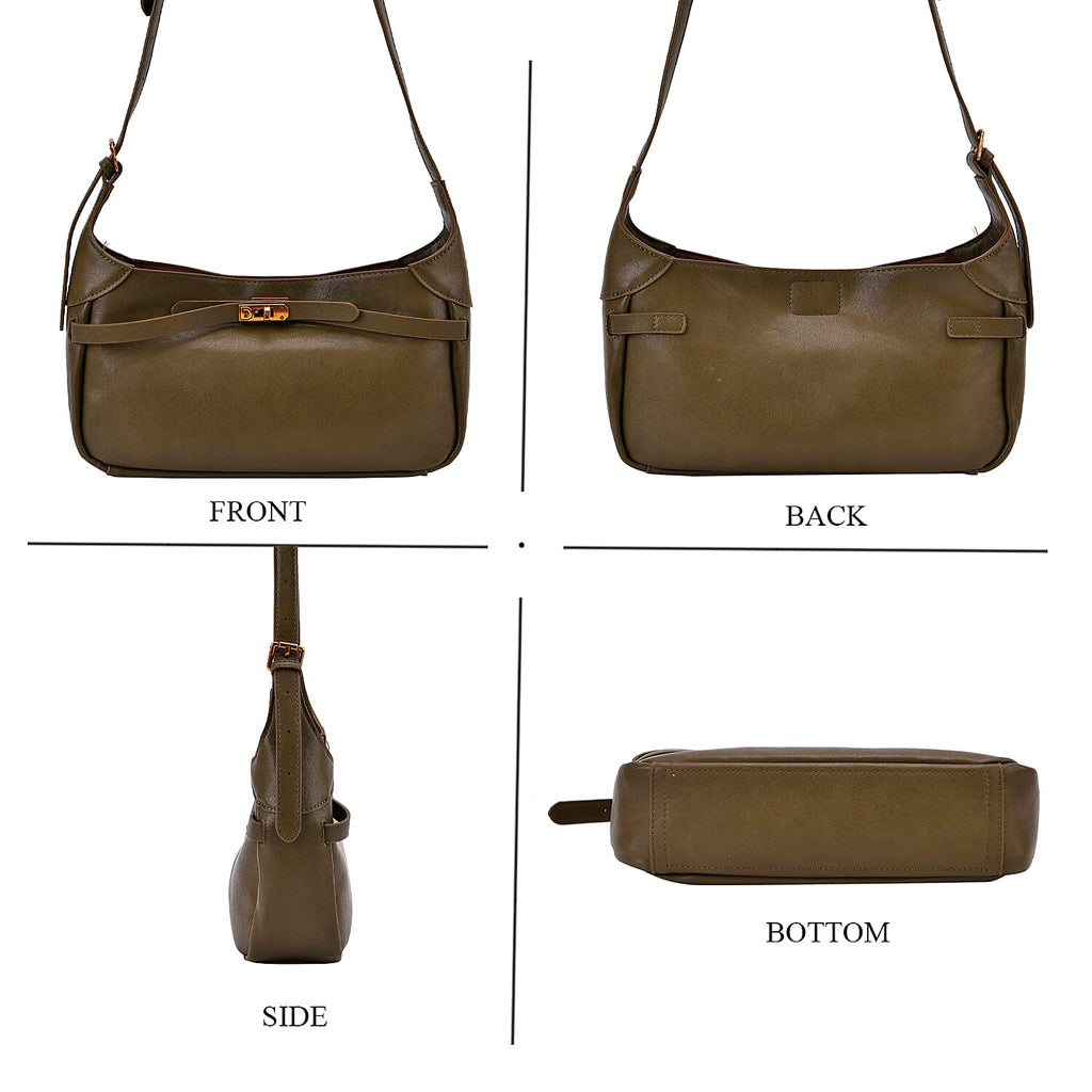 Elegant Hobo Bag with Front Lock and Pouch Set - Dark Olive Green_8044111_3