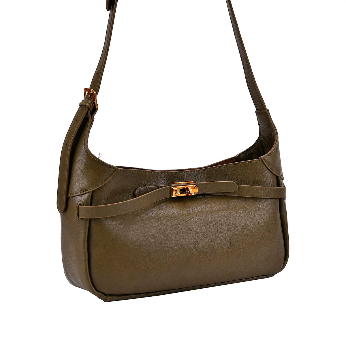 Elegant Hobo Bag with Front Lock and Pouch Set - Dark Olive Green V32514470 6