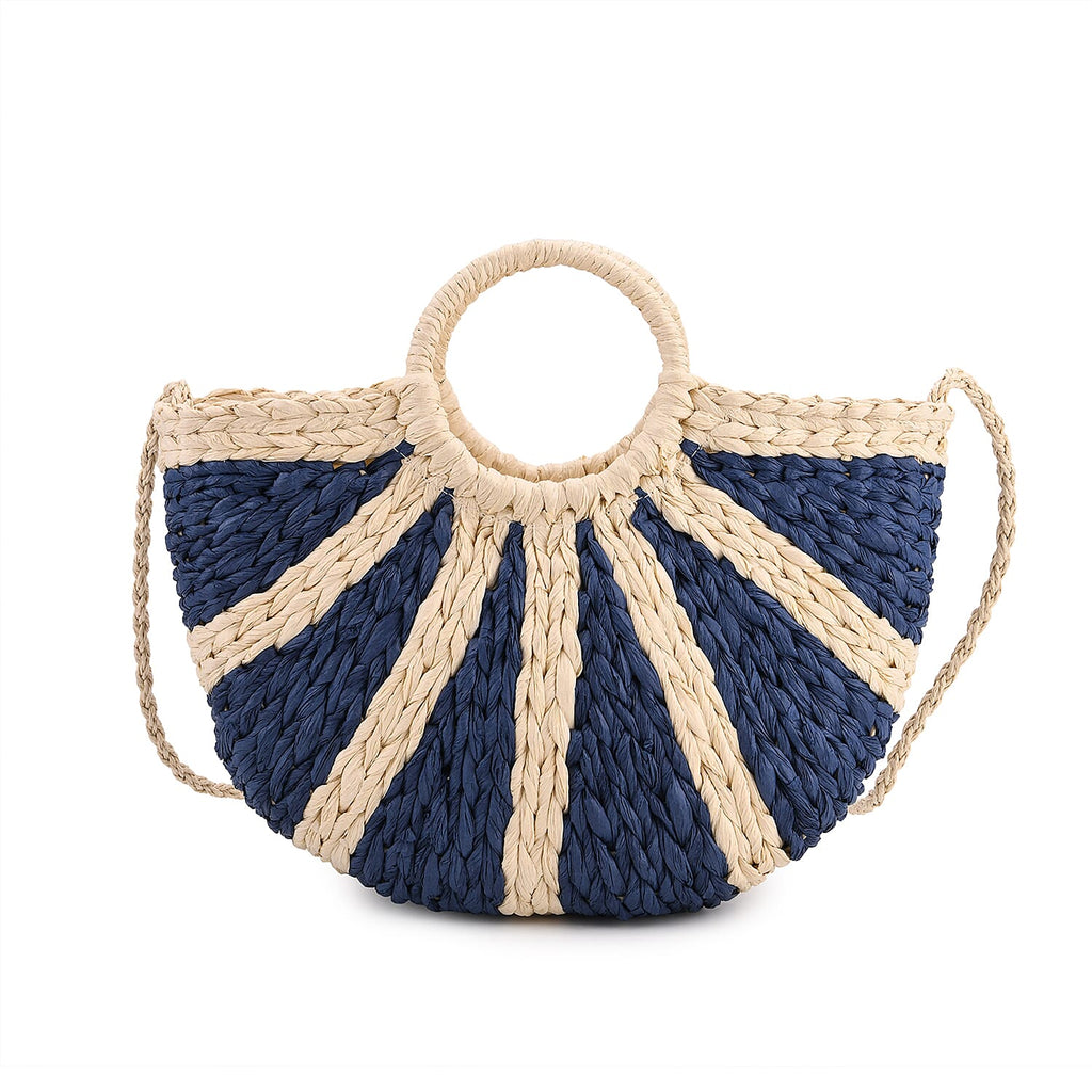 Retro Semi-circle Stripe Straw Beach Handbag - Blue_8044568