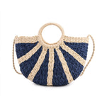 Retro Semi-circle Stripe Straw Beach Handbag - Blue_8044568
