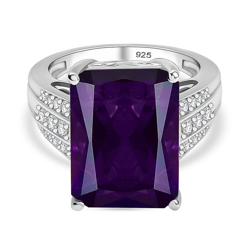 AAA African Amethyst & White Zircon Solitaire Ring in Rhodium Overlay Sterling Silver 15.91 Ct, Silver Wt. 5.50 Gms._8046418