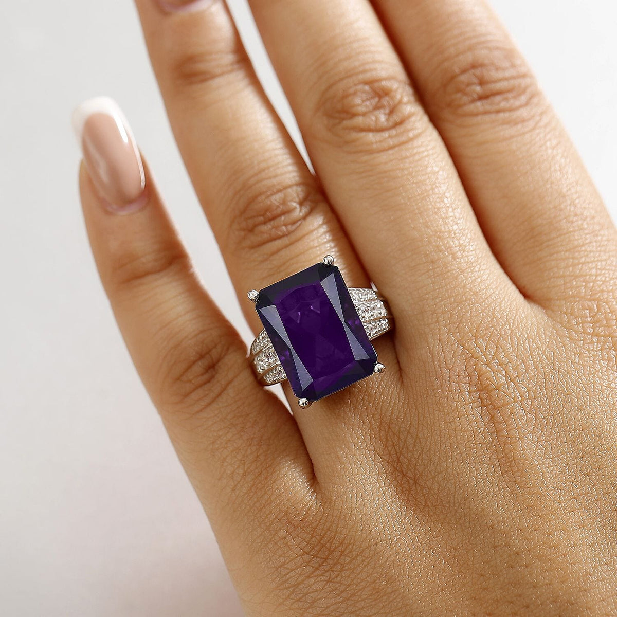 African Amethyst, White Zircon Ring in Rhodium Overlay Sterling Silver V32517723 3
