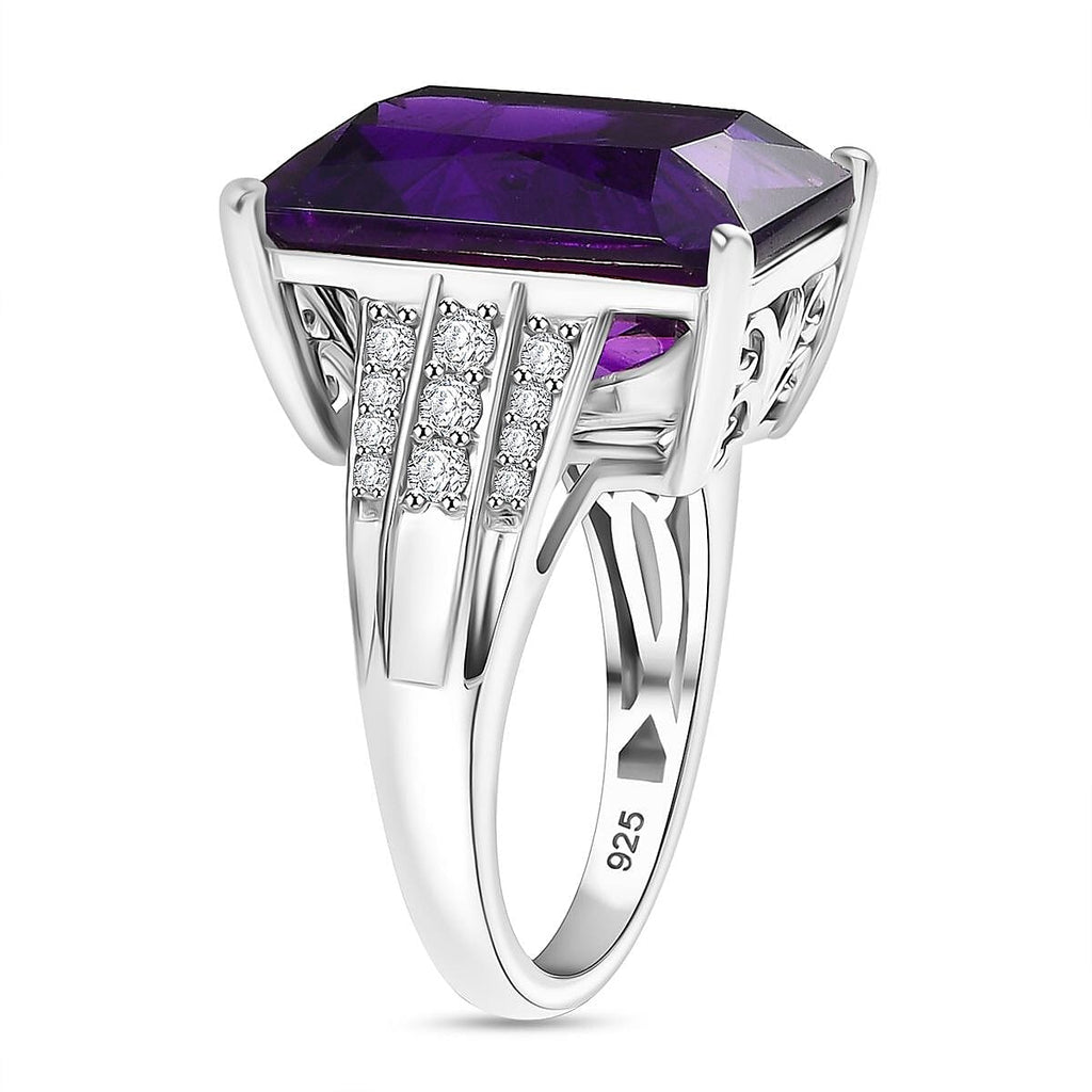 AAA African Amethyst & White Zircon Solitaire Ring in Rhodium Overlay Sterling Silver 15.91 Ct, Silver Wt. 5.50 Gms._8046418_3