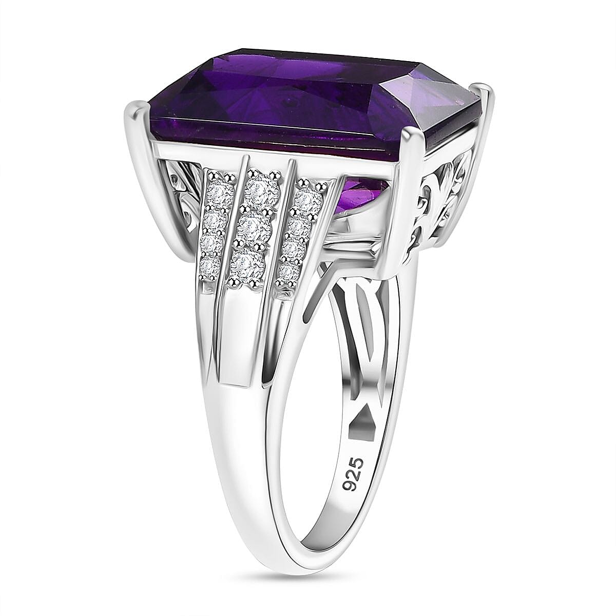 African Amethyst, White Zircon Ring in Rhodium Overlay Sterling Silver V32517723 4