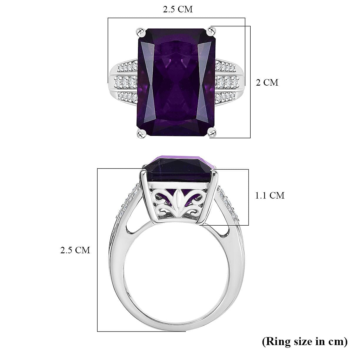 African Amethyst, White Zircon Ring in Rhodium Overlay Sterling Silver V32517723 6