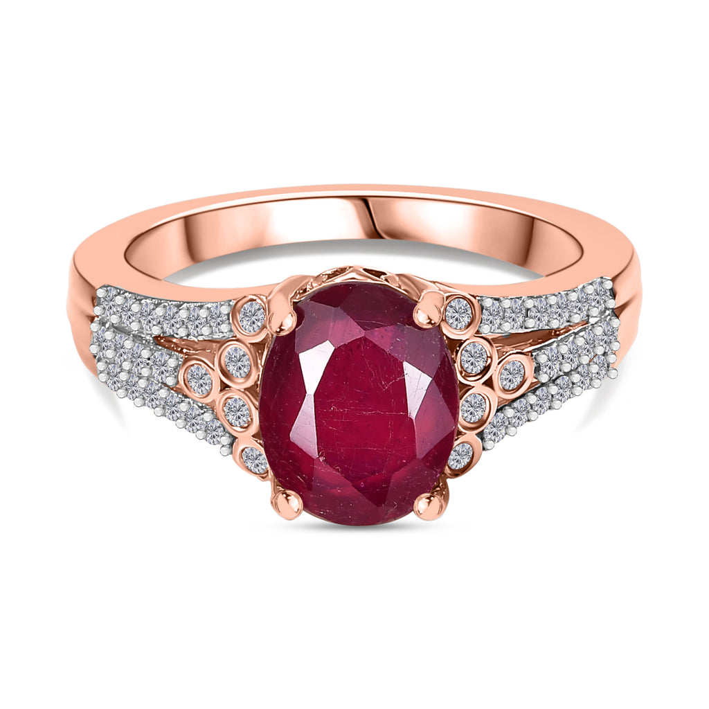 African Ruby & White Zircon Ring in 18K Vermeil Rose Gold Plated Sterling Silver 3.57 Ct._8046901