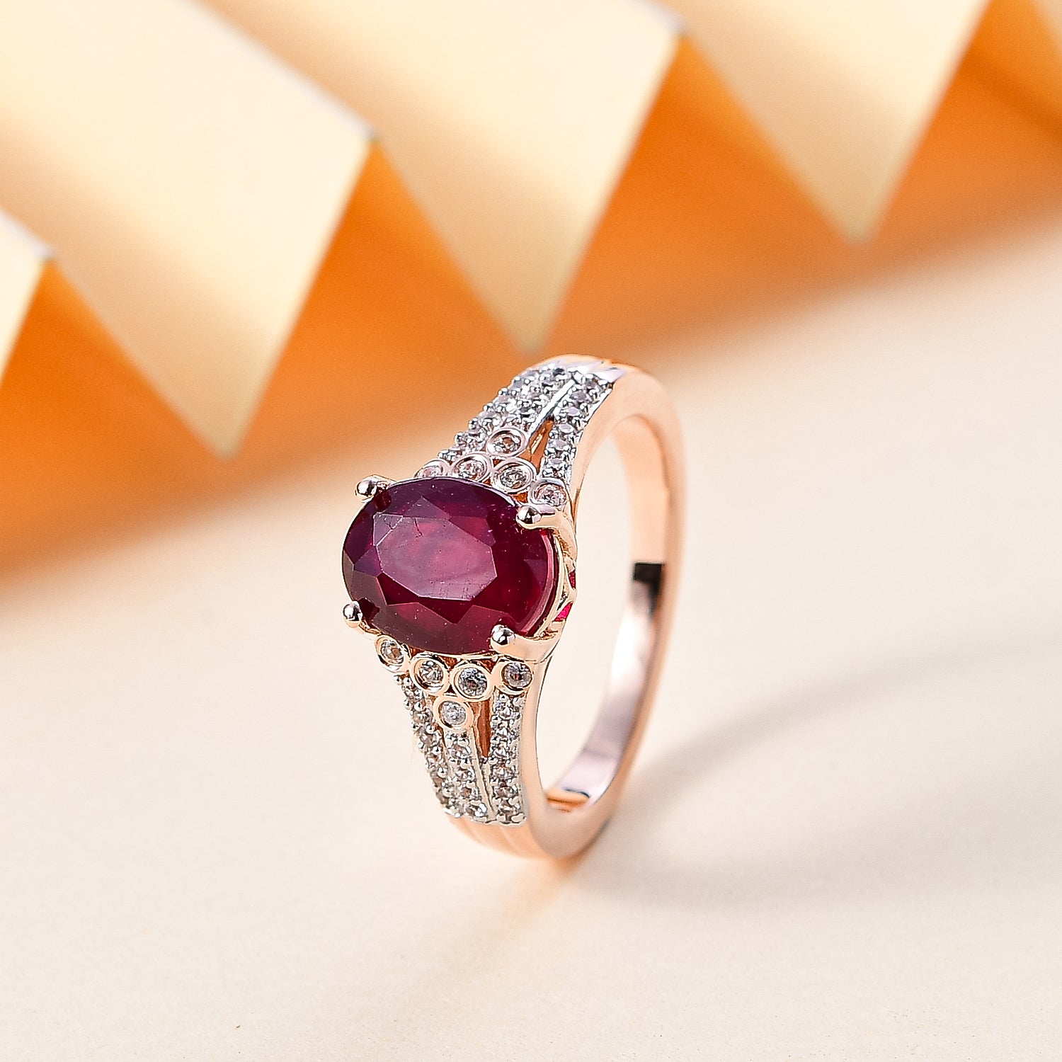African Ruby &amp; White Zircon Ring in 18K Vermeil Rose Gold Plated Sterling Silver 3.57 Ct. V32536335 2