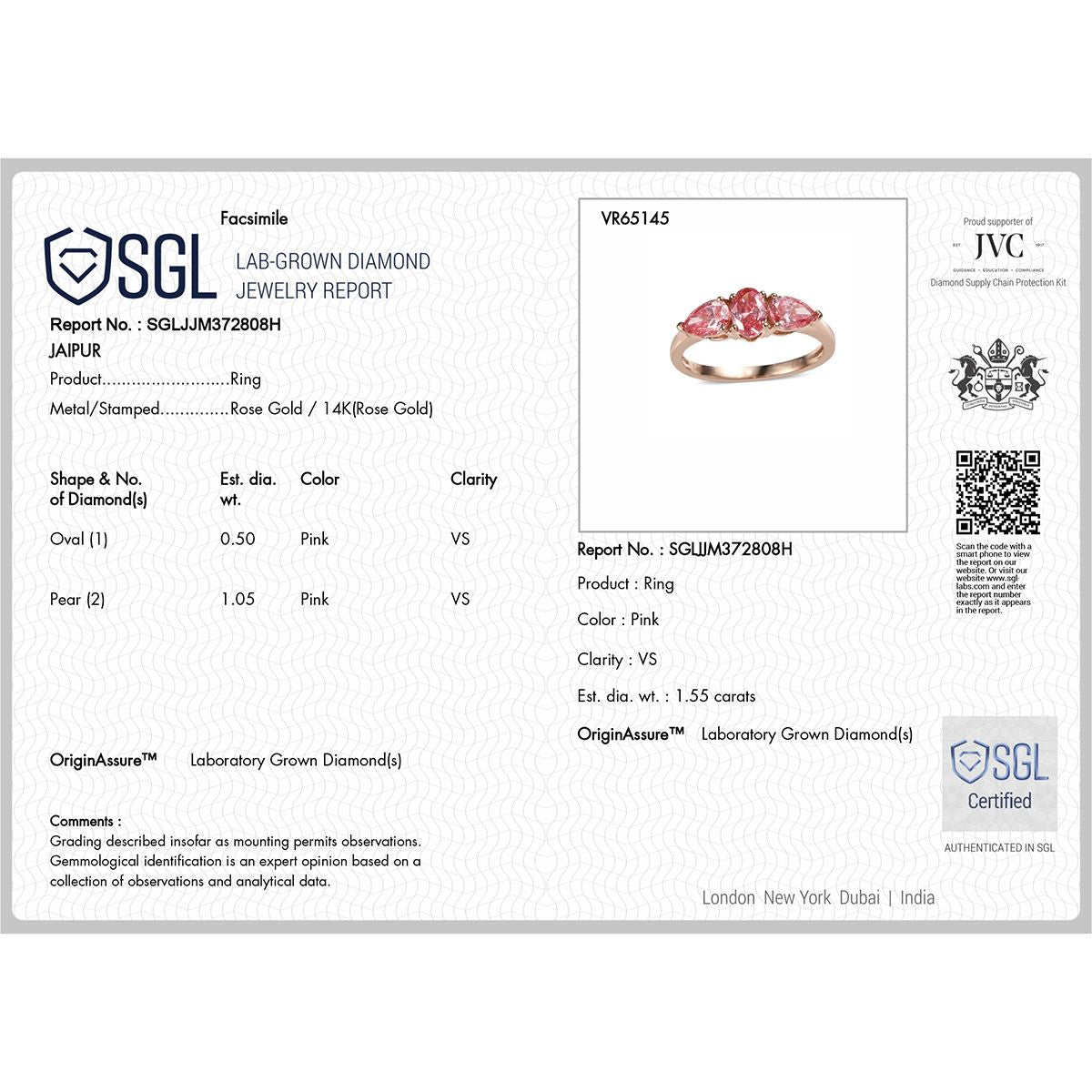 Luxuriant 14K Rose Gold SGL Certified Lab Grown Pink Diamond (VS-SI) Trilogy Ring 1.55 Ct. V32330708 6