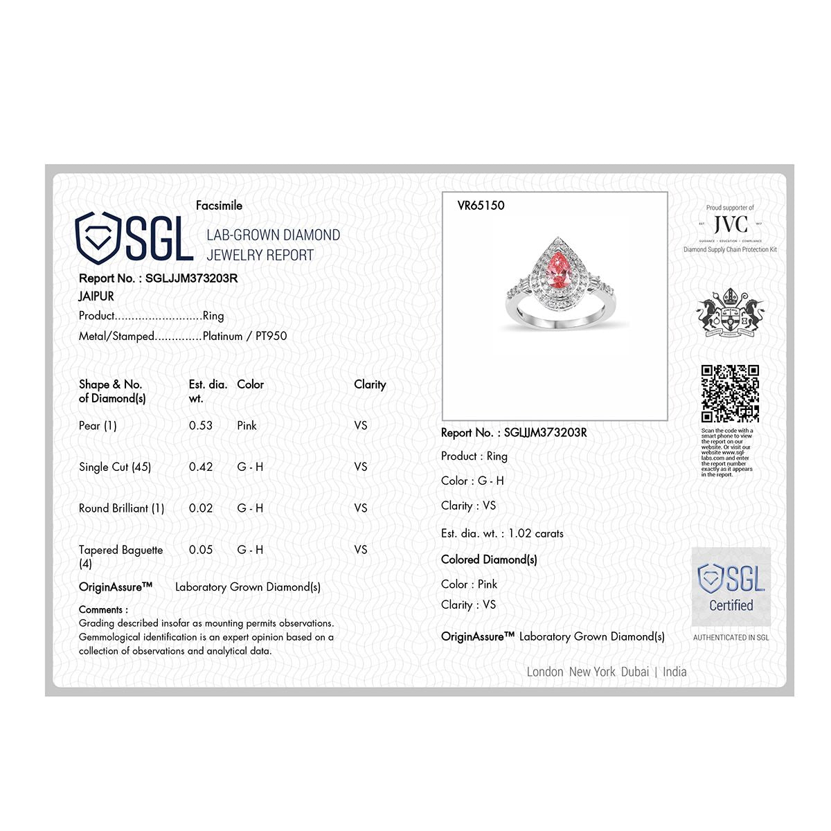 LUXURIANT 950 Platinum SGL Certified (VS-G/H) Lab Grown Pink Diamond Ring 1.02 Ct, Platinum Wt. 5.30 Gms. 8048166 7