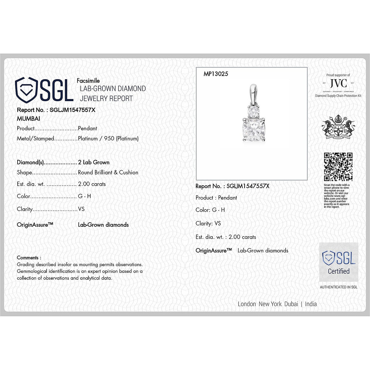 2 Ct Luxuriant 950 Platinum SGL Certified (VS-GH) Lab Grown Diamond Pendant 2.00 Ct. 8048193 7