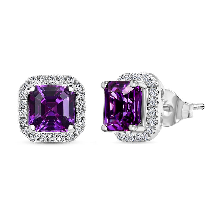 Certified &amp; Appraised LUXURIANT AAA Lab Grown Purple Sapphire, Lab Grown Diamond Halo Push Post Earring in 10K White Gold (EF, VS) 5.16 Ct. 8049805 1
