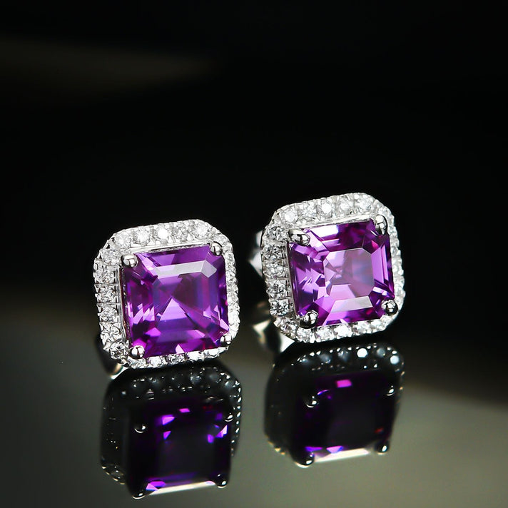 Certified &amp; Appraised LUXURIANT AAA Lab Grown Purple Sapphire, Lab Grown Diamond Halo Push Post Earring in 10K White Gold (EF, VS) 5.16 Ct. 8049805 2