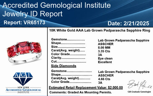 Certified &amp; Appraised LUXURIANT 10K White Gold AAA Lab Grown Padparadscha Sapphire 3 Stone Ring 7.95 Ct. 8049875 7