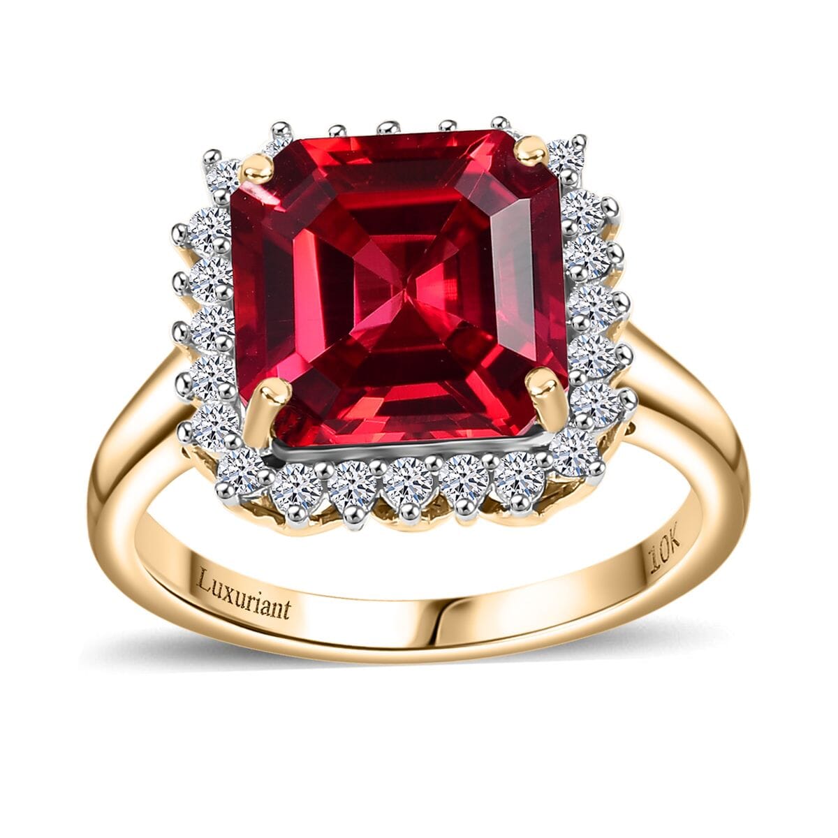 LUXURIANT AGI Certified 6.8 Ct. AAA Lab Grown Padparadscha Sapphire, Lab Grown Diamond VS E-F Halo Ring in 9K Yellow Gold 8049919 0