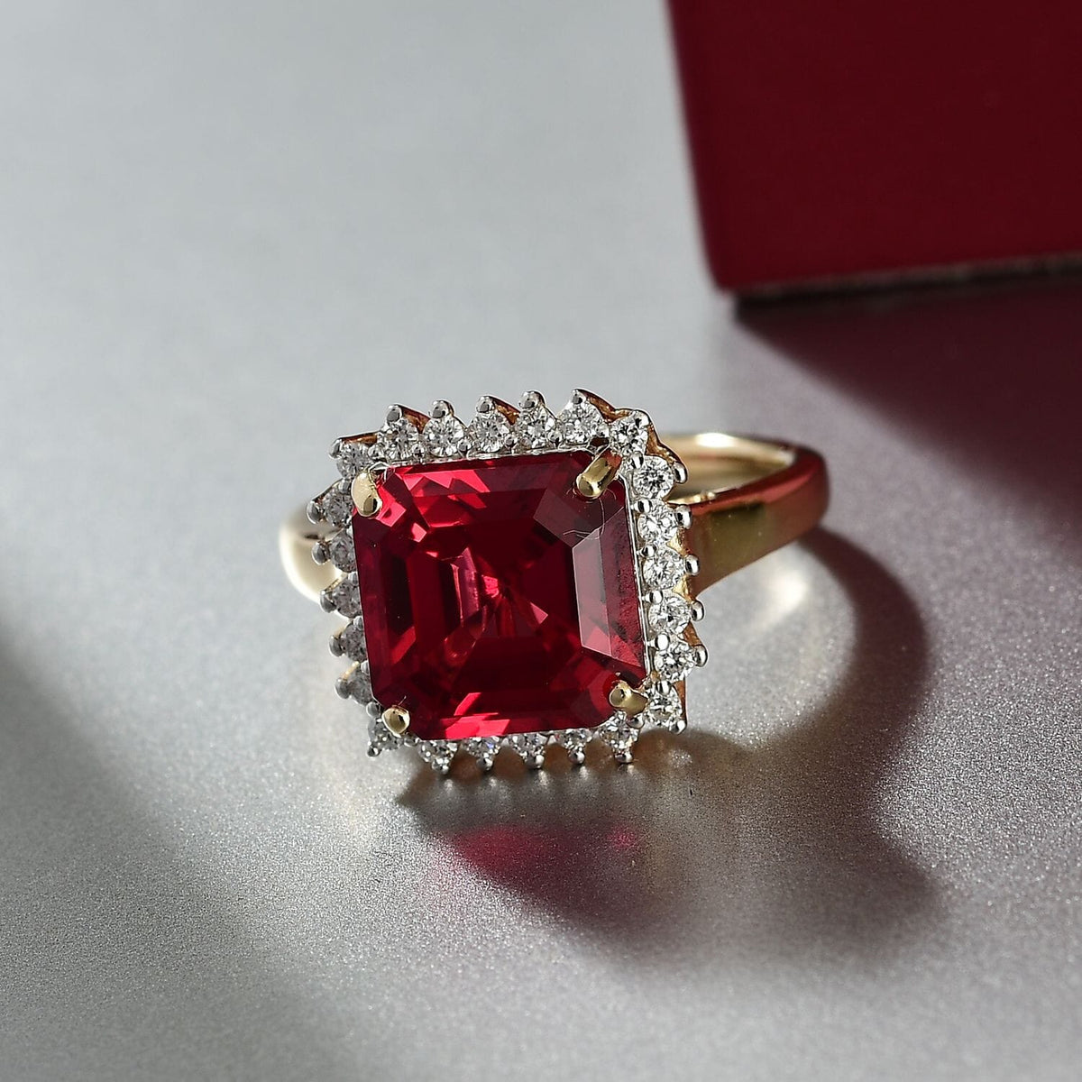 LUXURIANT AGI Certified 6.8 Ct. AAA Lab Grown Padparadscha Sapphire, Lab Grown Diamond VS E-F Halo Ring in 9K Yellow Gold 8049919 1