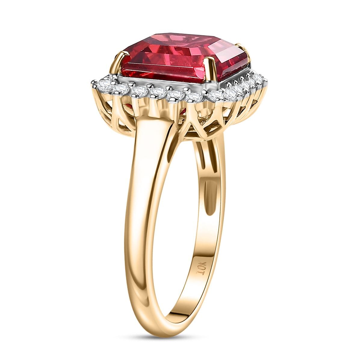 LUXURIANT AGI Certified 6.8 Ct. AAA Lab Grown Padparadscha Sapphire, Lab Grown Diamond VS E-F Halo Ring in 9K Yellow Gold 8049919 3