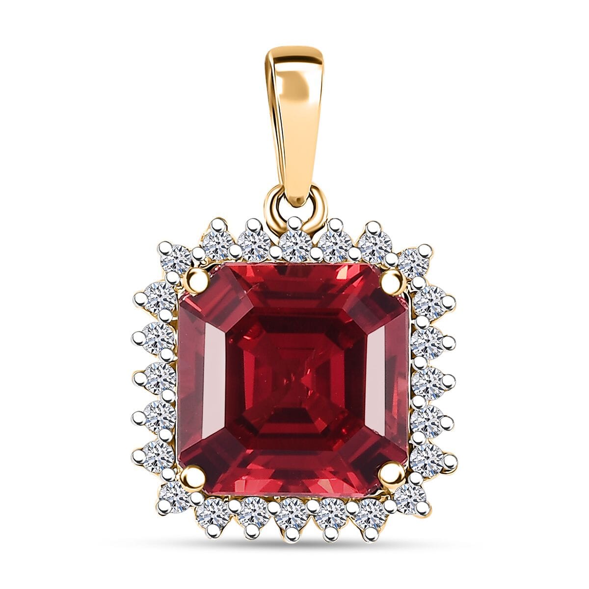Certified and Appraised LUXURIANT 10K Yellow Gold AAA Lab Grown Padparadscha Sapphire, Lab Grown Diamond Halo Pendant 5.86 Ct. 8049938 0