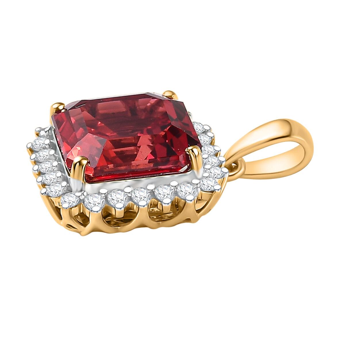 Certified and Appraised LUXURIANT 10K Yellow Gold AAA Lab Grown Padparadscha Sapphire, Lab Grown Diamond Halo Pendant 5.86 Ct. 8049938 4