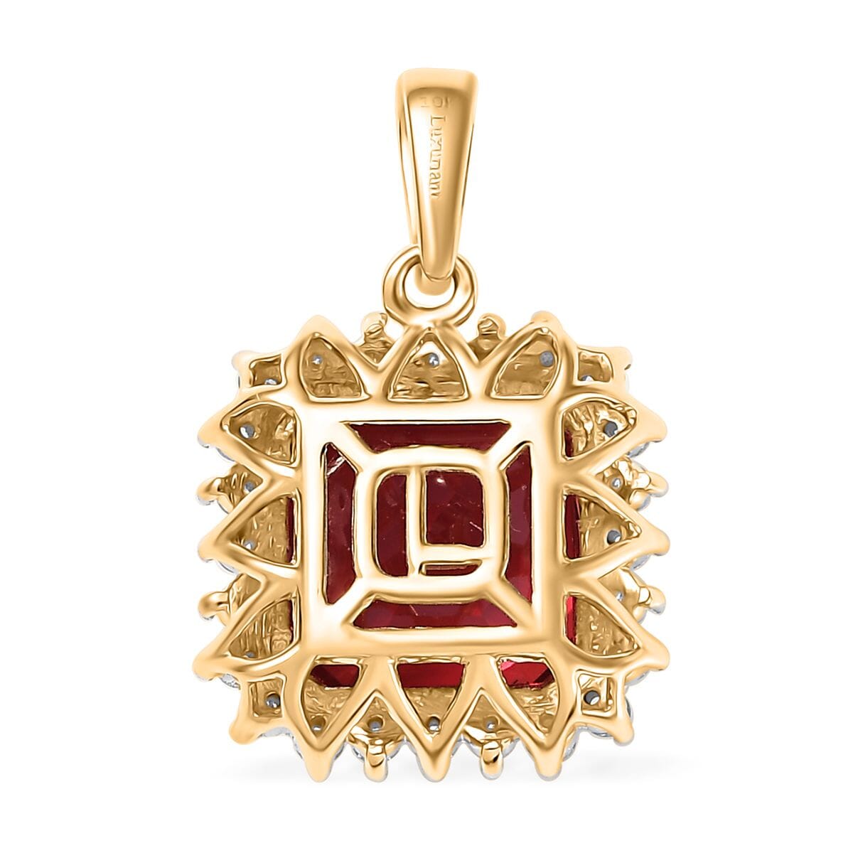 Certified and Appraised LUXURIANT 10K Yellow Gold AAA Lab Grown Padparadscha Sapphire, Lab Grown Diamond Halo Pendant 5.86 Ct. 8049938 5