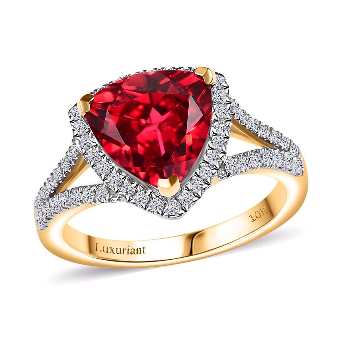 Certified &amp; Appraised LUXURIANT 10K Yellow Gold AAA Lab Grown Padparadscha Sapphire, Lab Grown Diamond EF, VS Halo Ring 4.03 Ct. 8049962 0